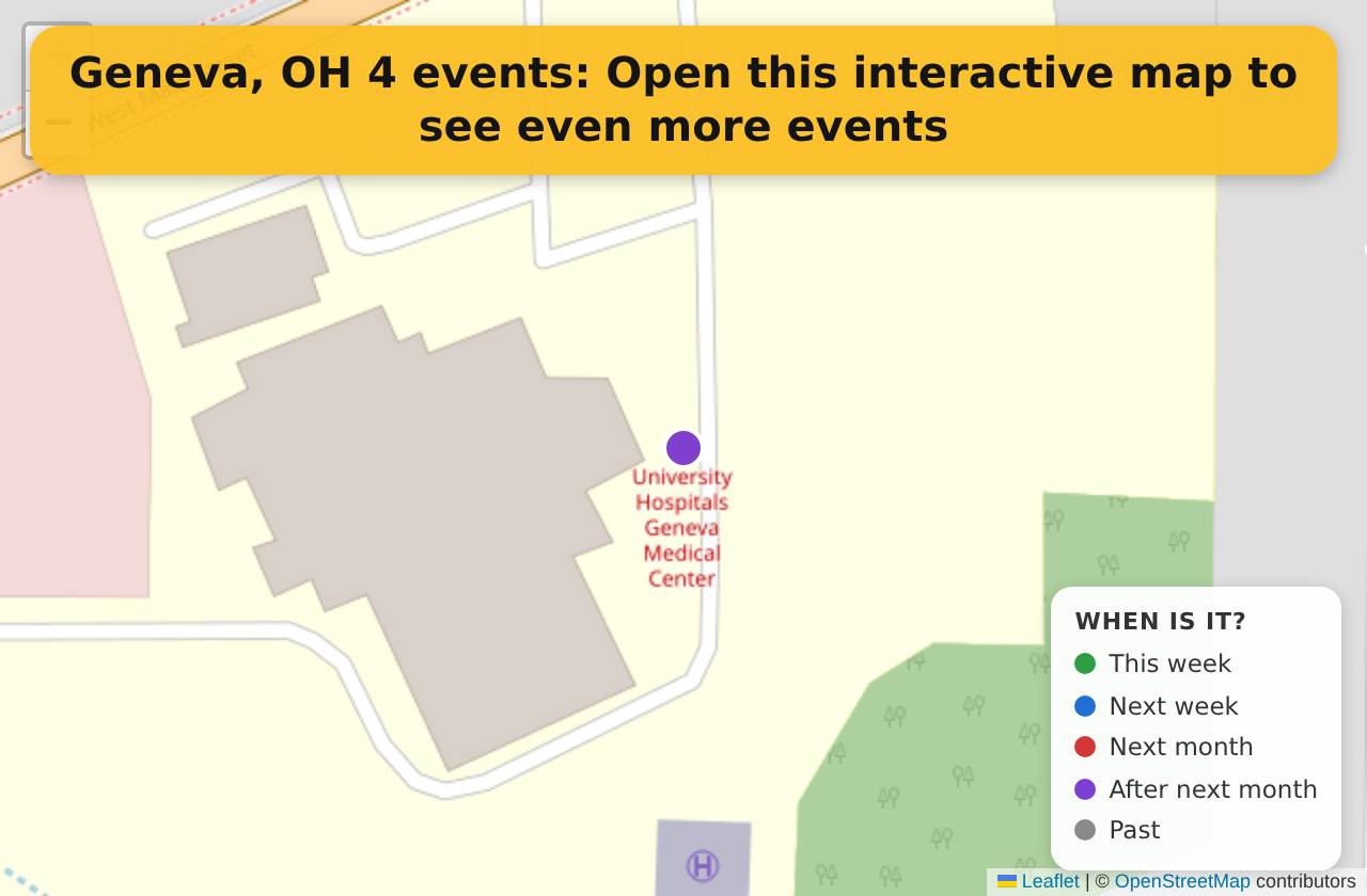 Map of events in Geneva, OH on the interactive EVENTULIST map