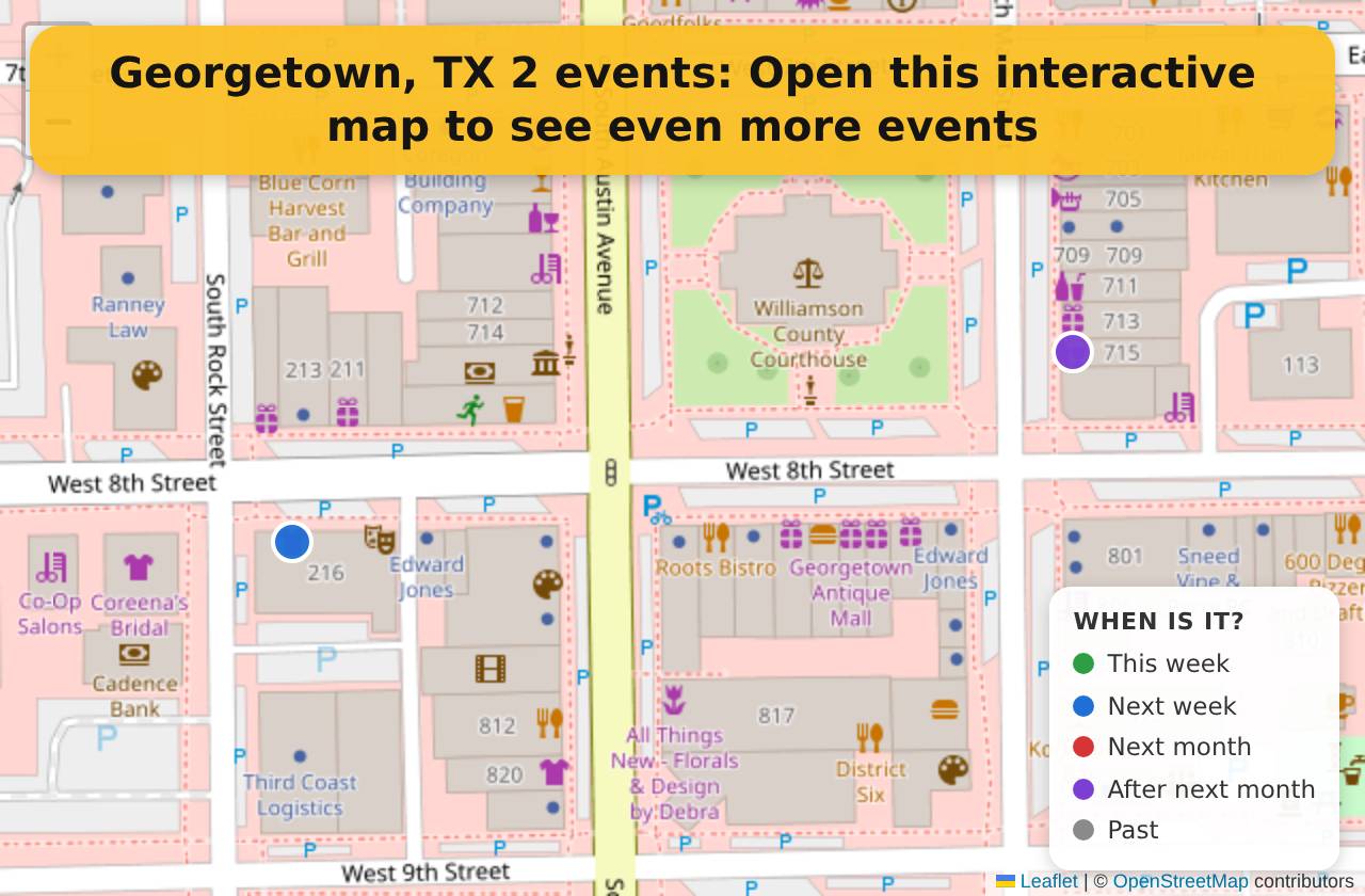 Map of events in Georgetown, TX on the interactive EVENTULIST map