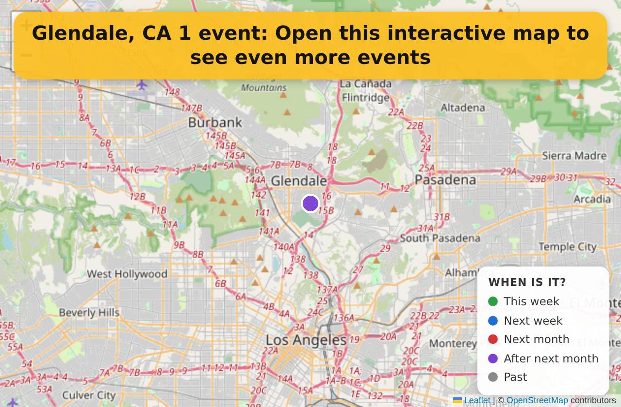 Map of events in Glendale, CA on the interactive EVENTULIST map