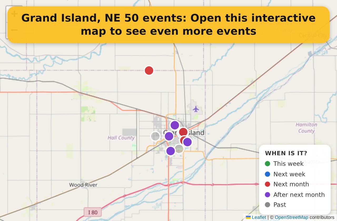 Map of events in Grand Island, NE on the interactive EVENTULIST map