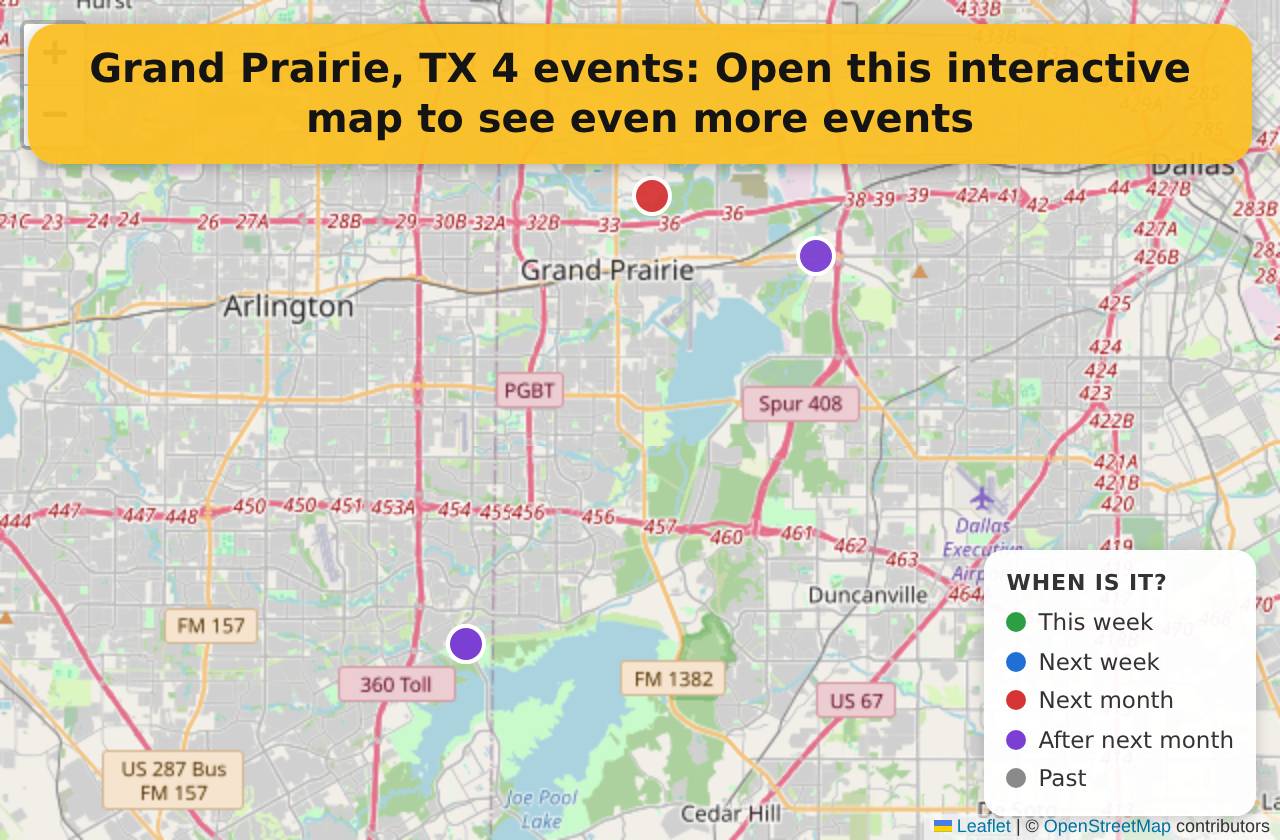 Map of events in Grand Prairie, TX on the interactive EVENTULIST map