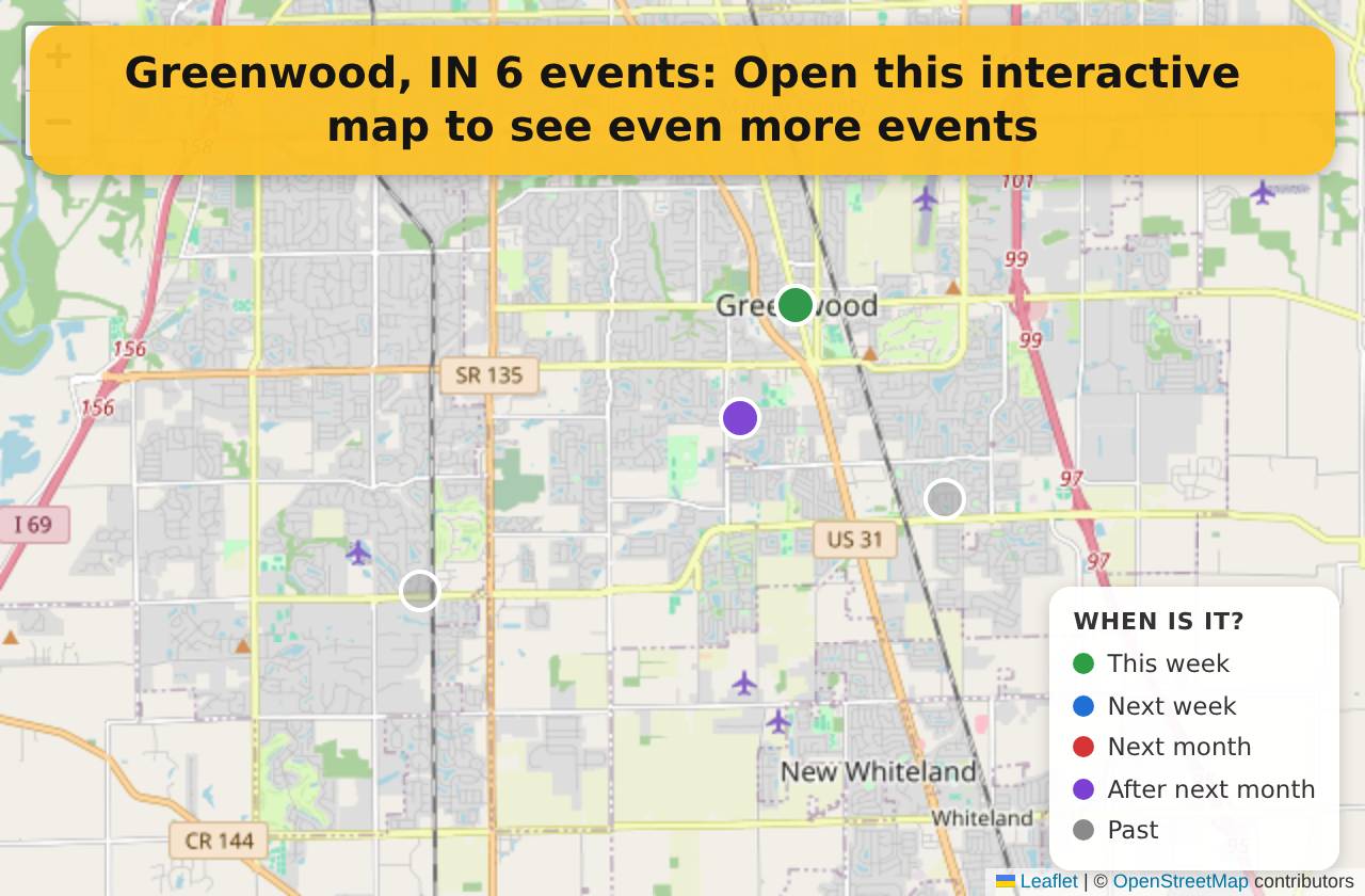 Map of events in Greenwood, IN on the interactive EVENTULIST map