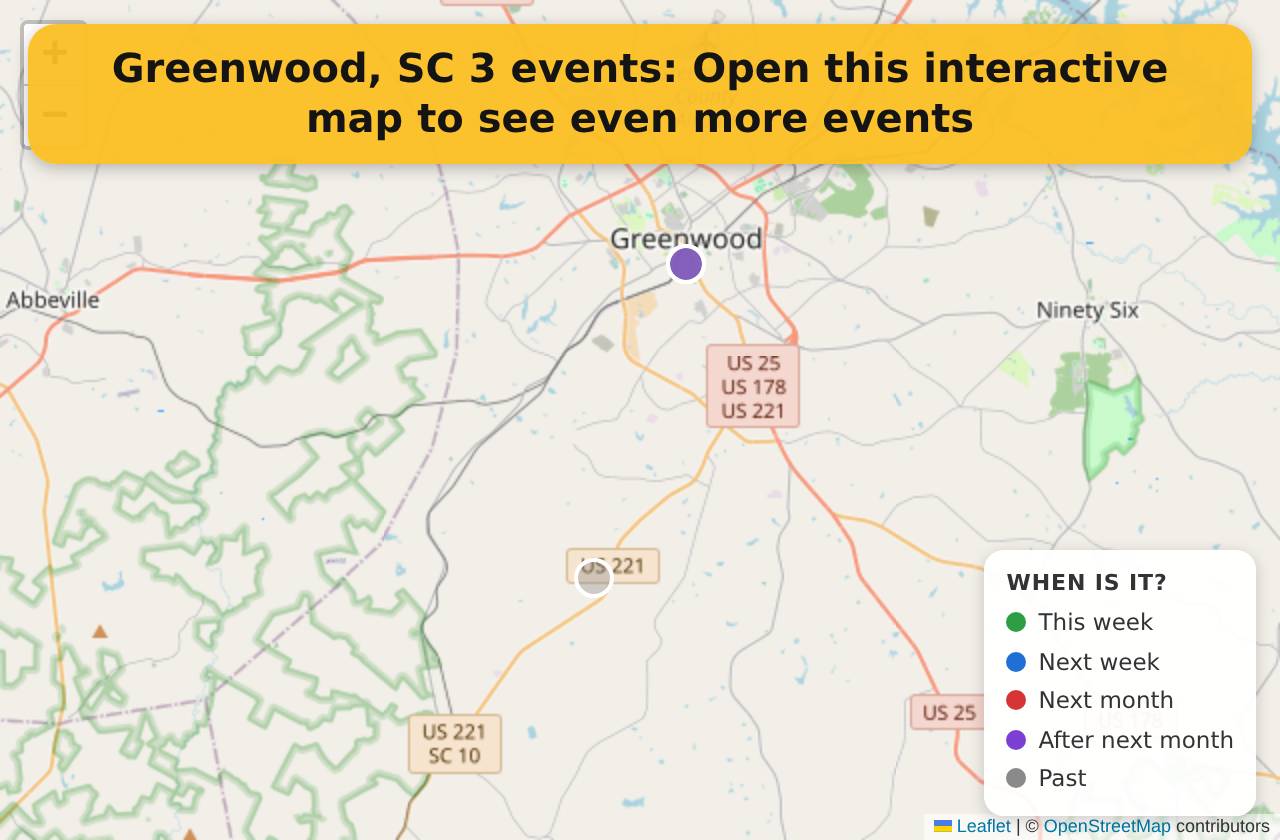 Map of events in Greenwood, SC on the interactive EVENTULIST map