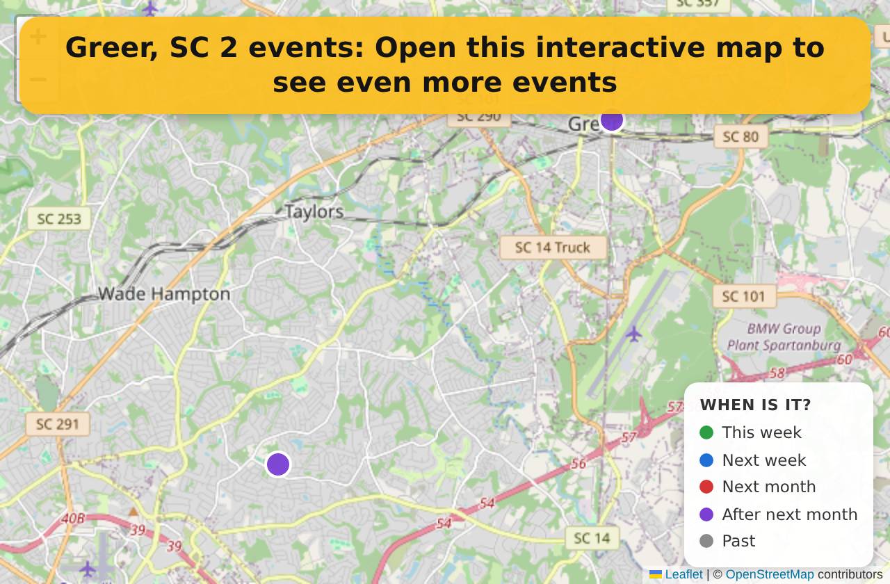 Map of events in Greer, SC on the interactive EVENTULIST map