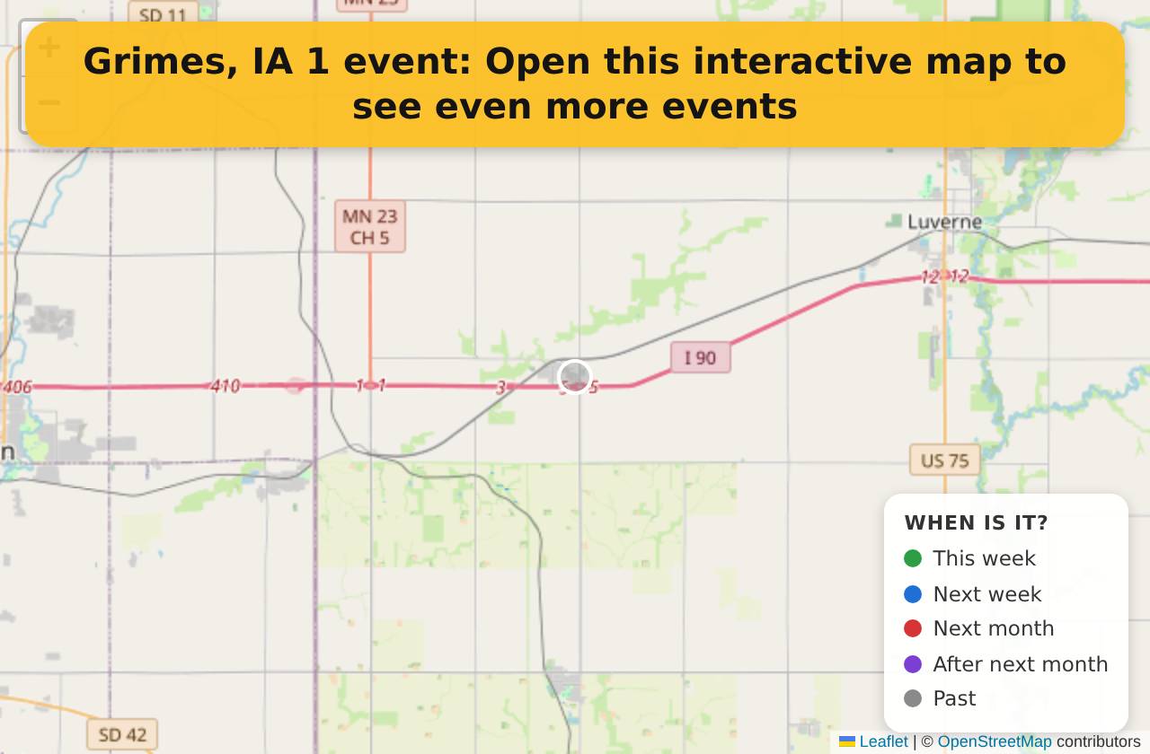 Map of events in Grimes, IA on the interactive EVENTULIST map