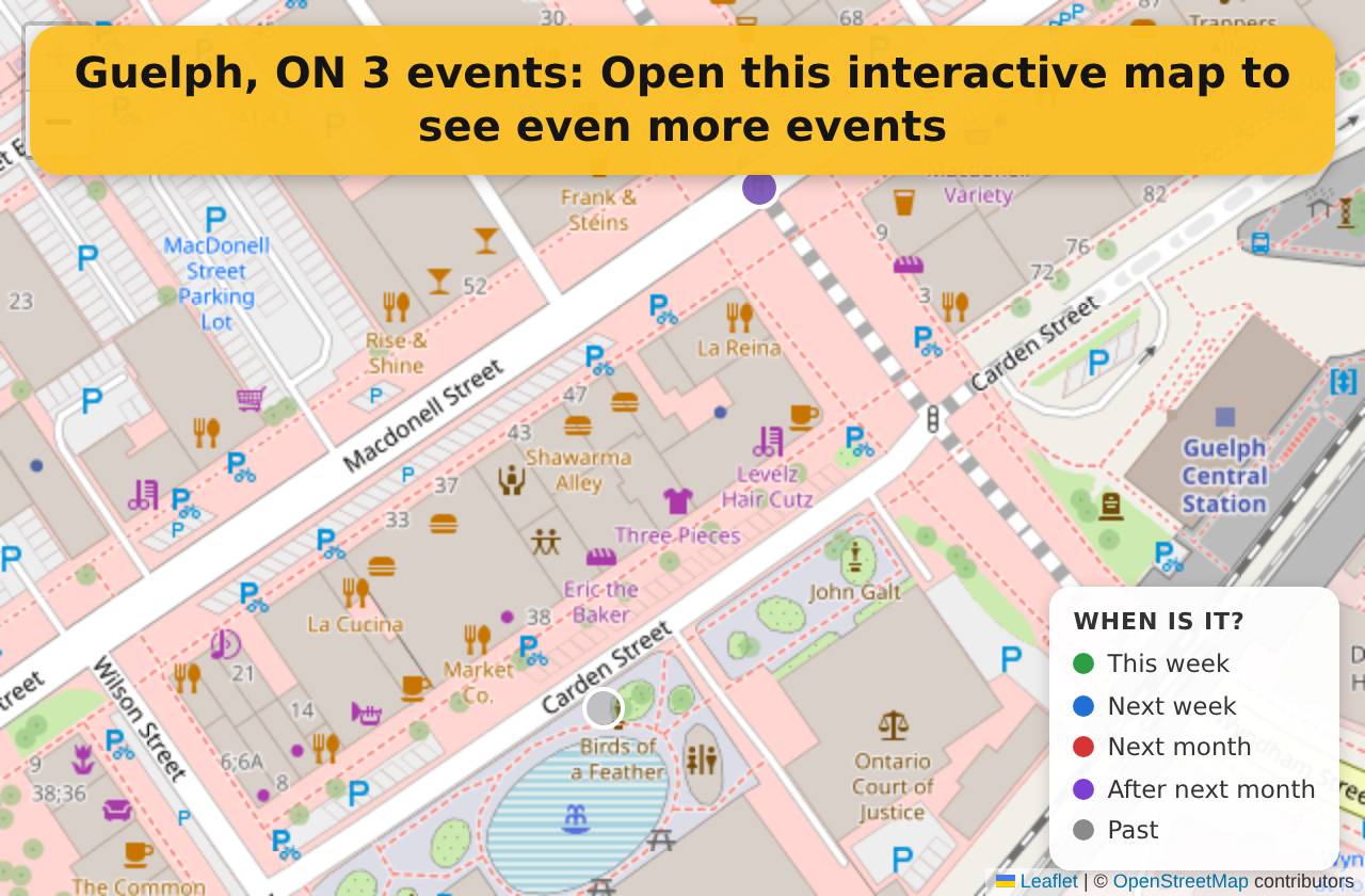 Map of events in Guelph, ON on the interactive EVENTULIST map
