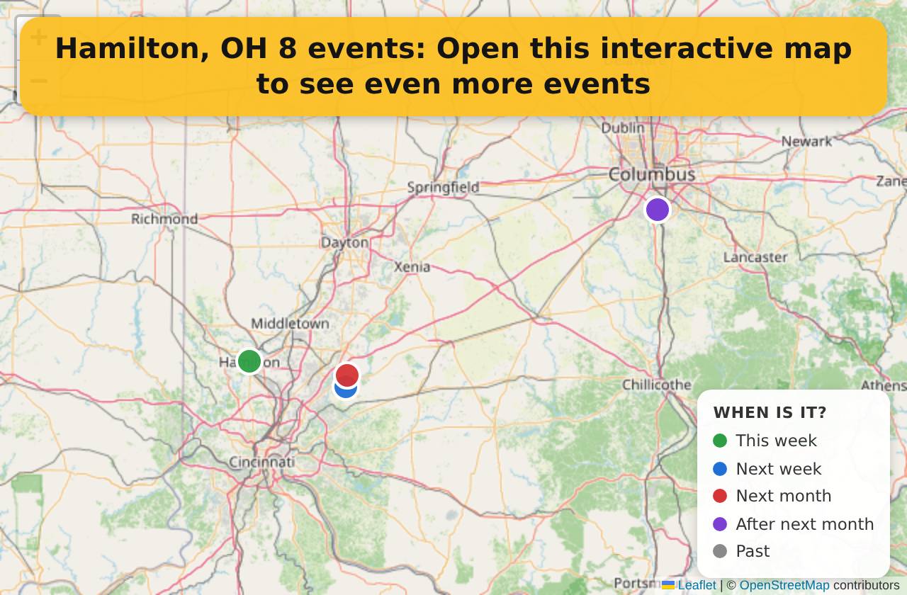 Map of events in Hamilton, OH on the interactive EVENTULIST map