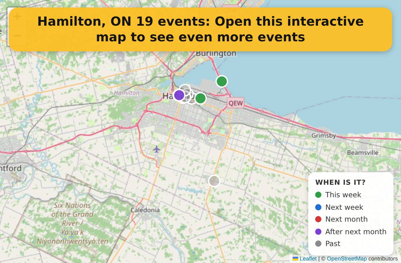 Map of events in Hamilton, ON on the interactive EVENTULIST map