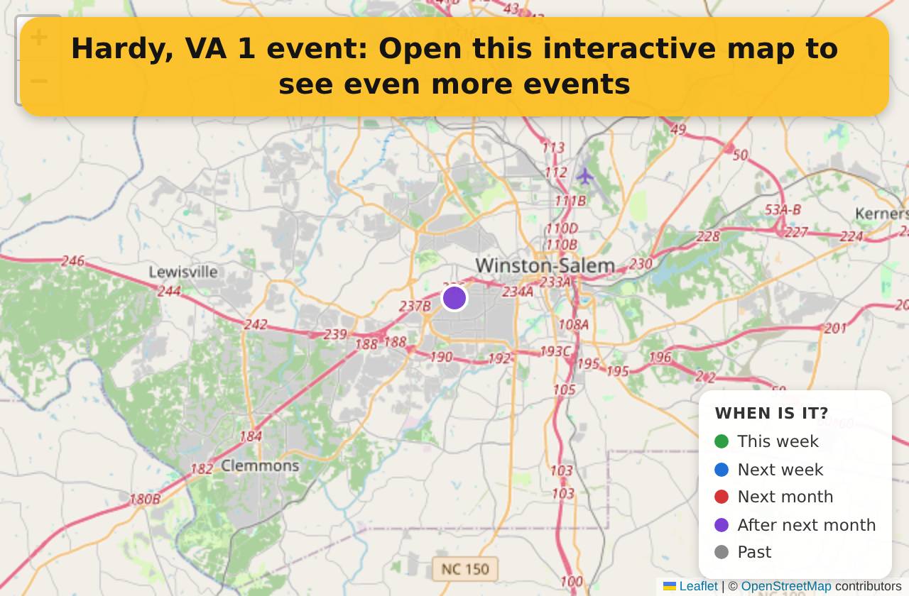 Map of events in Hardy, VA on the interactive EVENTULIST map