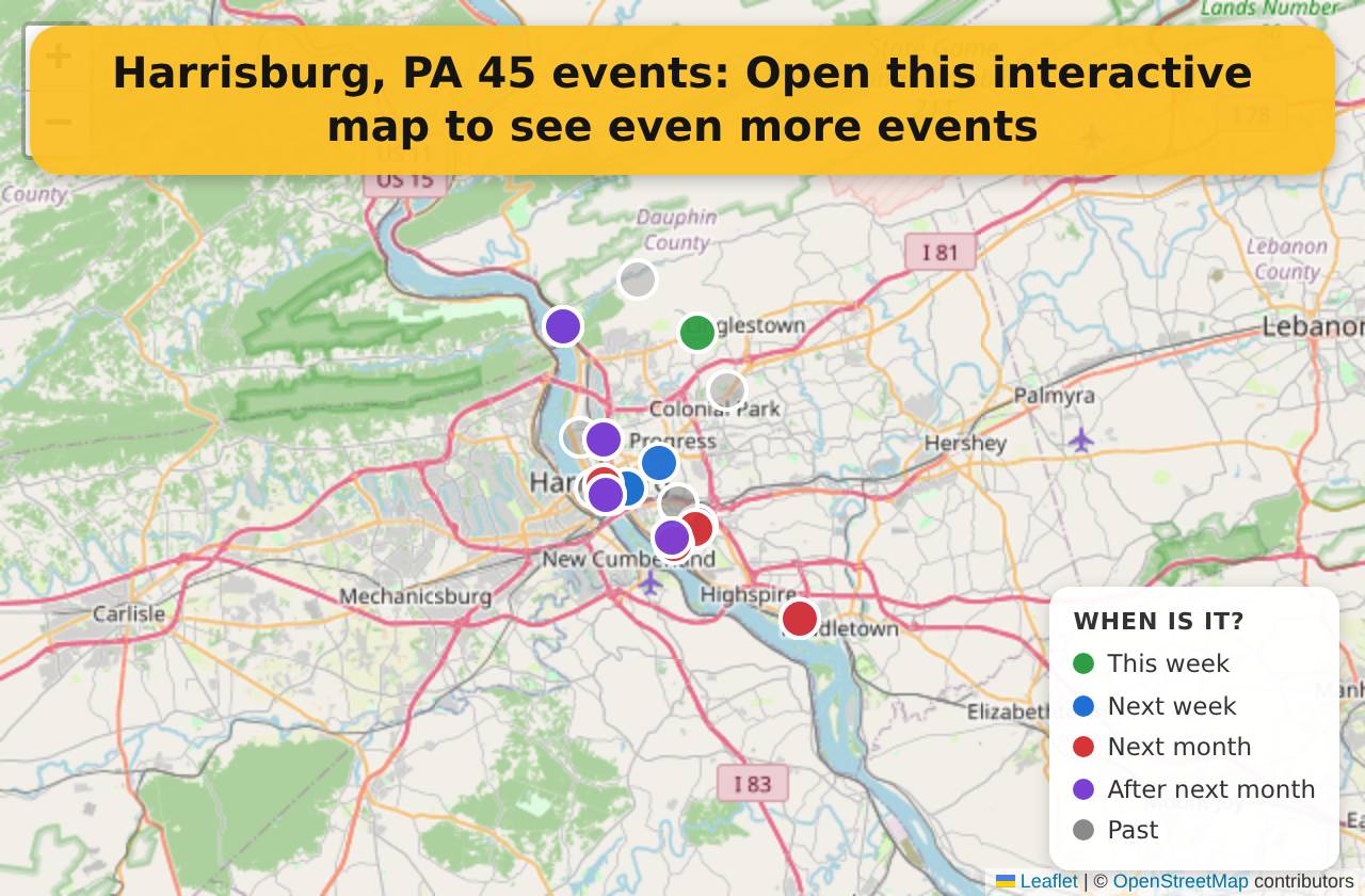 Map of events in Harrisburg, PA on the interactive EVENTULIST map