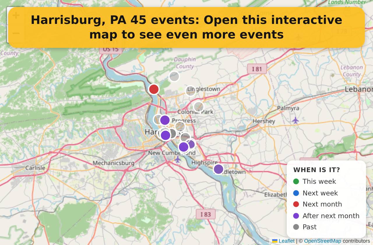 Map of events in Harrisburg, PA on the interactive EVENTULIST map