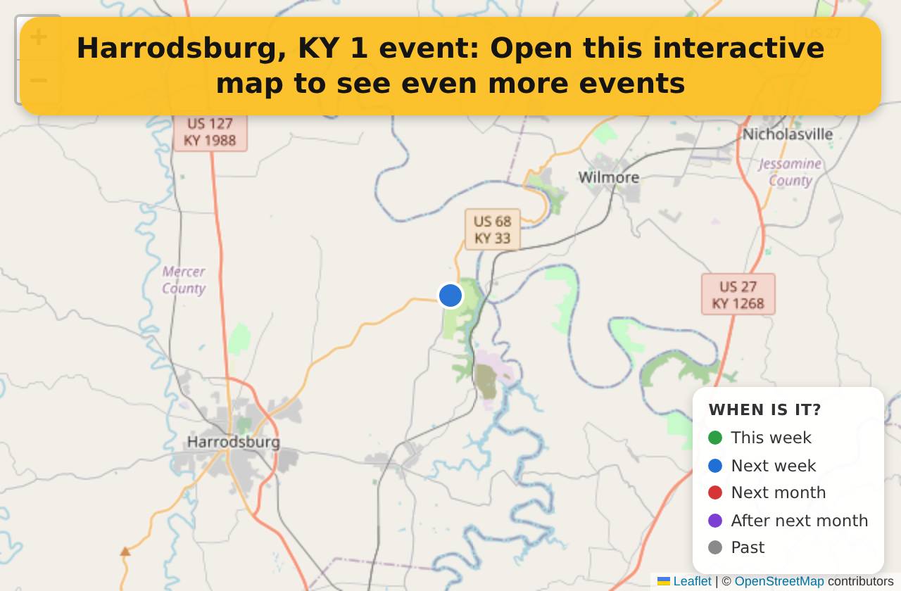 Map of events in Harrodsburg, KY on the interactive EVENTULIST map