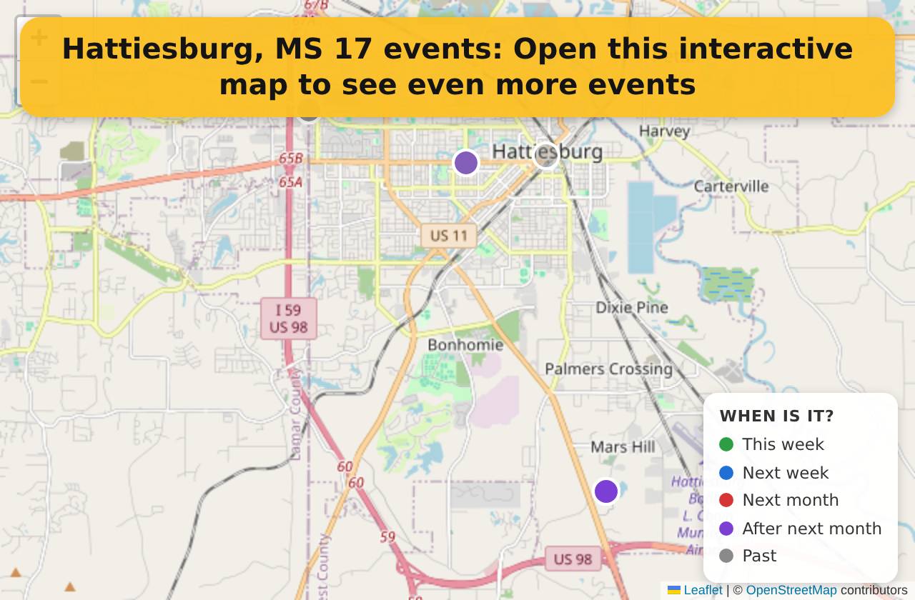 Map of events in Hattiesburg, MS on the interactive EVENTULIST map