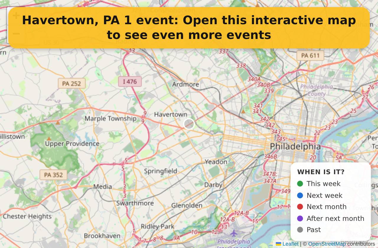 Map of events in Havertown, PA on the interactive EVENTULIST map