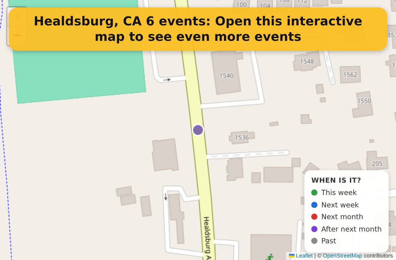 Map of events in Healdsburg, CA on the interactive EVENTULIST map