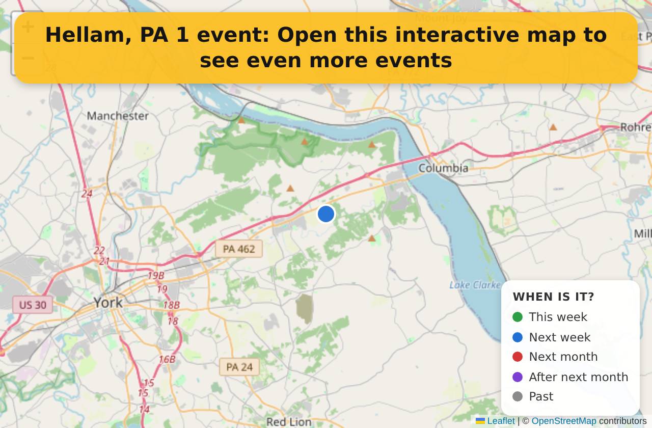 Map of events in Hellam, PA on the interactive EVENTULIST map