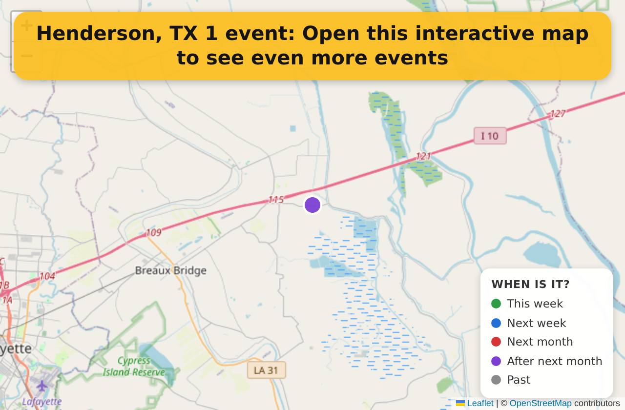 Map of events in Henderson, TX on the interactive EVENTULIST map