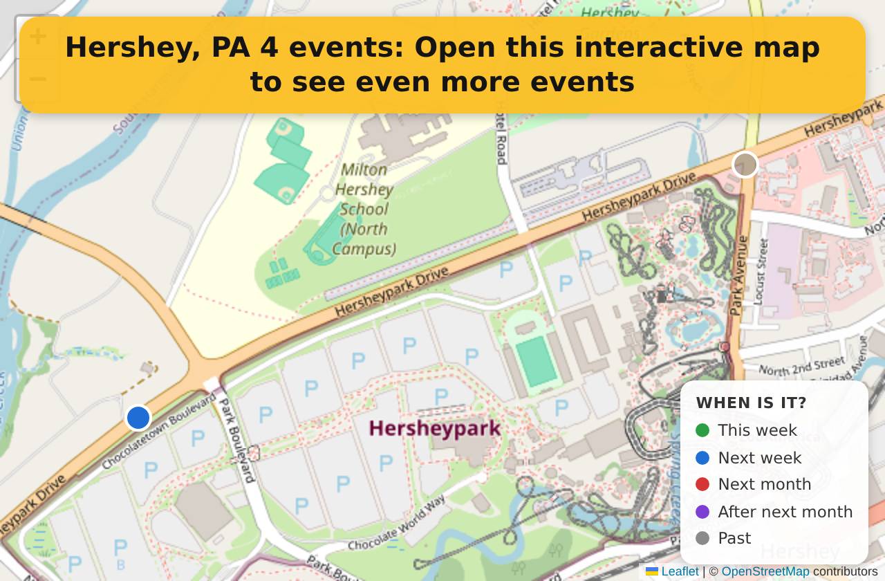 Map of events in Hershey, PA on the interactive EVENTULIST map