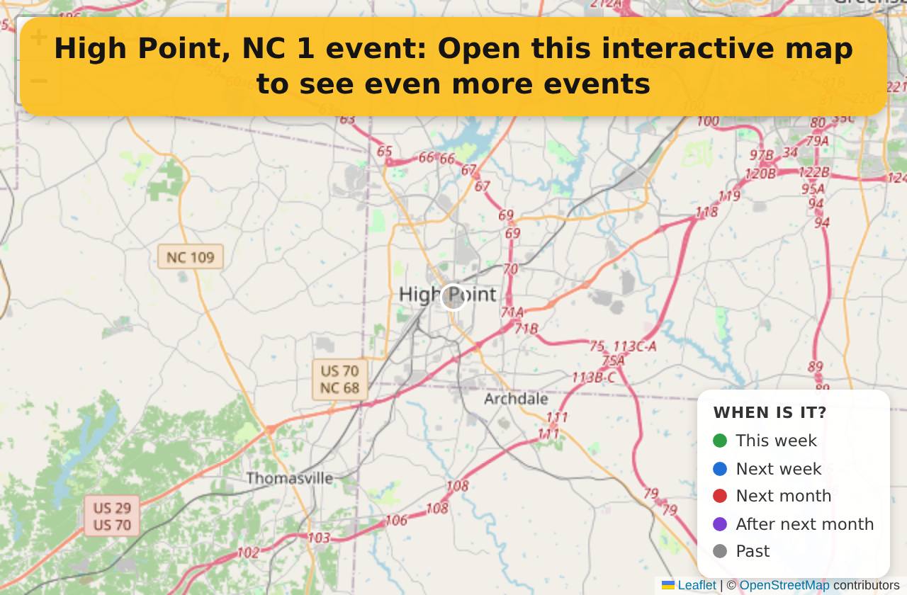 Map of events in High Point, NC on the interactive EVENTULIST map