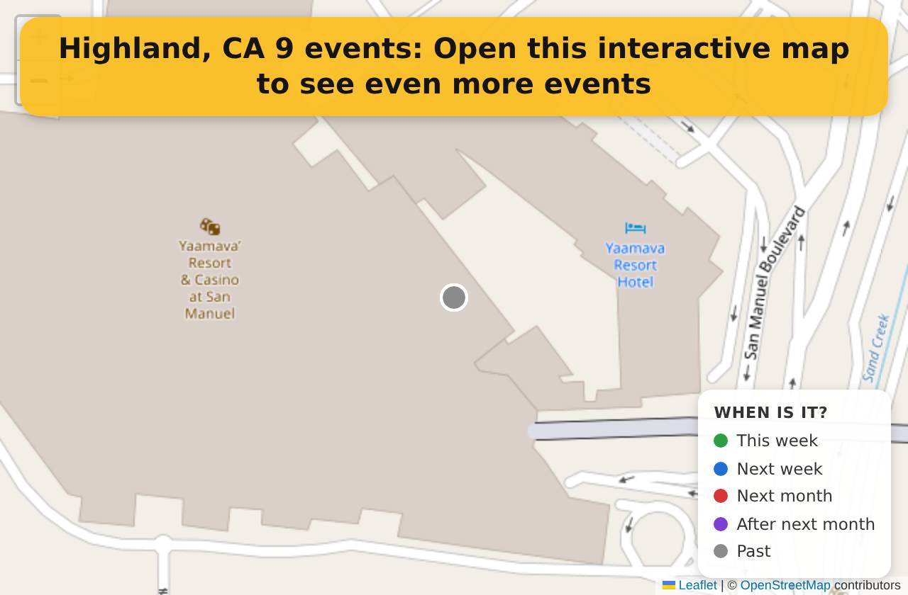 Map of events in Highland, CA on the interactive EVENTULIST map