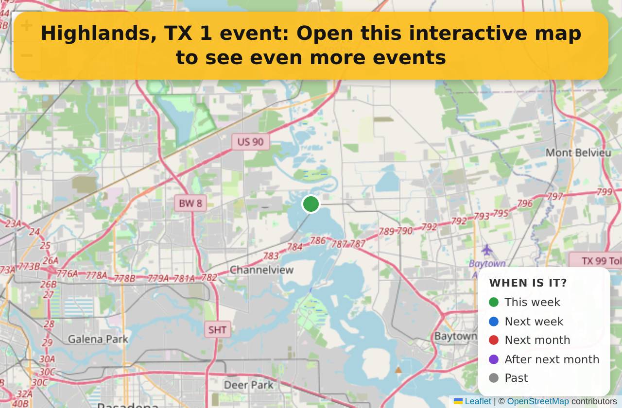 Map of events in Highlands, TX on the interactive EVENTULIST map