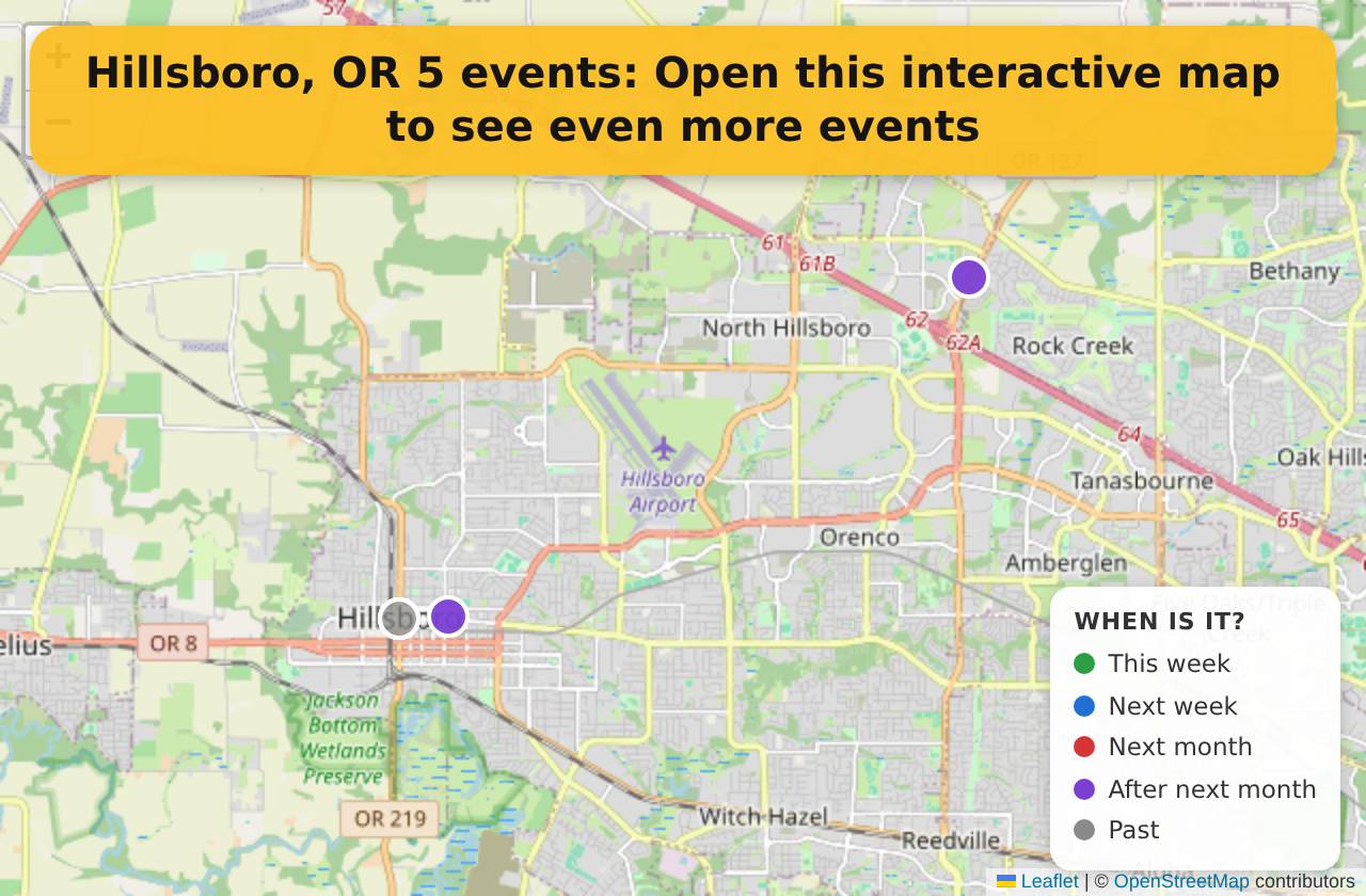 Map of events in Hillsboro, OR on the interactive EVENTULIST map