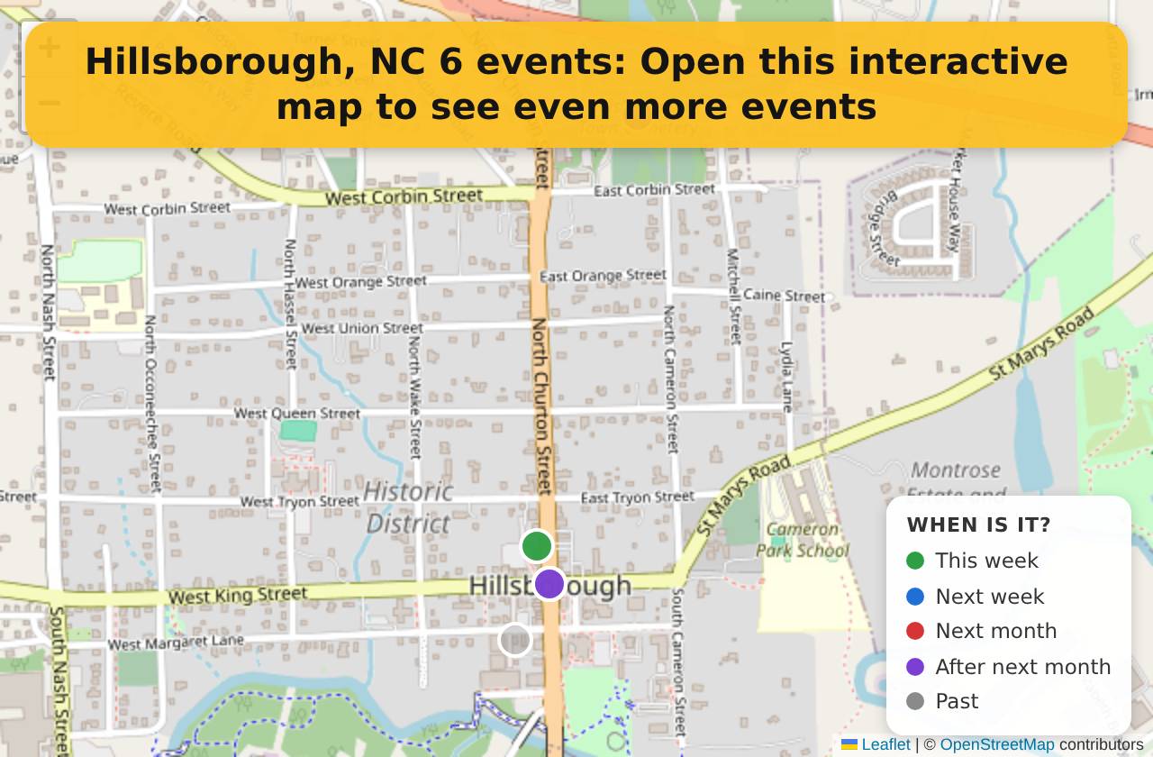 Map of events in Hillsborough, NC on the interactive EVENTULIST map