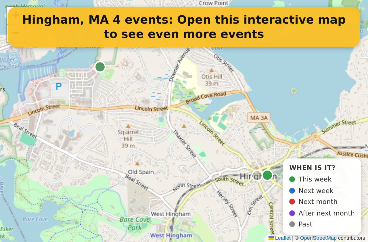 Map of events in Hingham, MA on the interactive EVENTULIST map