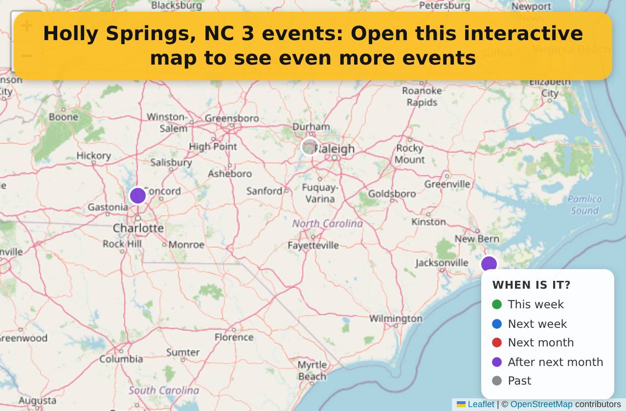 Map of events in Holly Springs, NC on the interactive EVENTULIST map