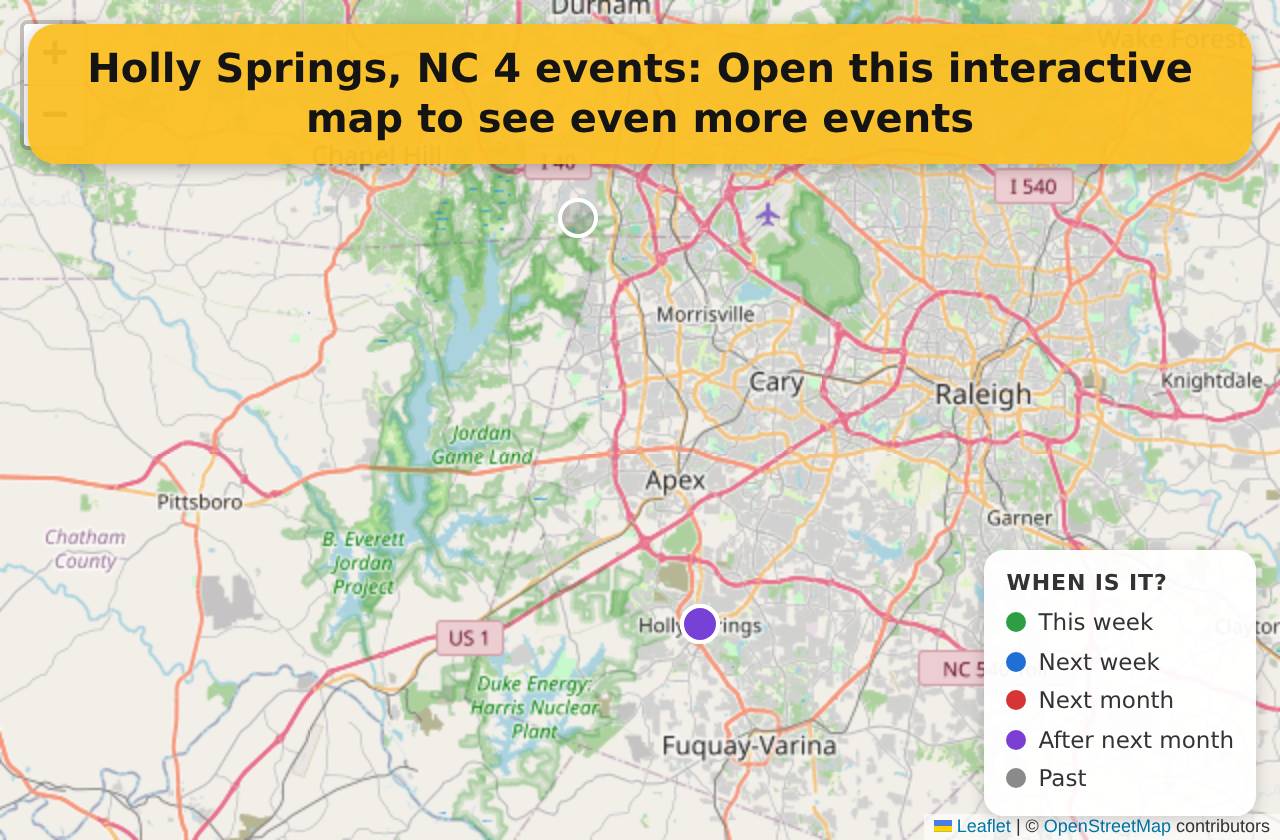 Map of events in Holly Springs, NC on the interactive EVENTULIST map
