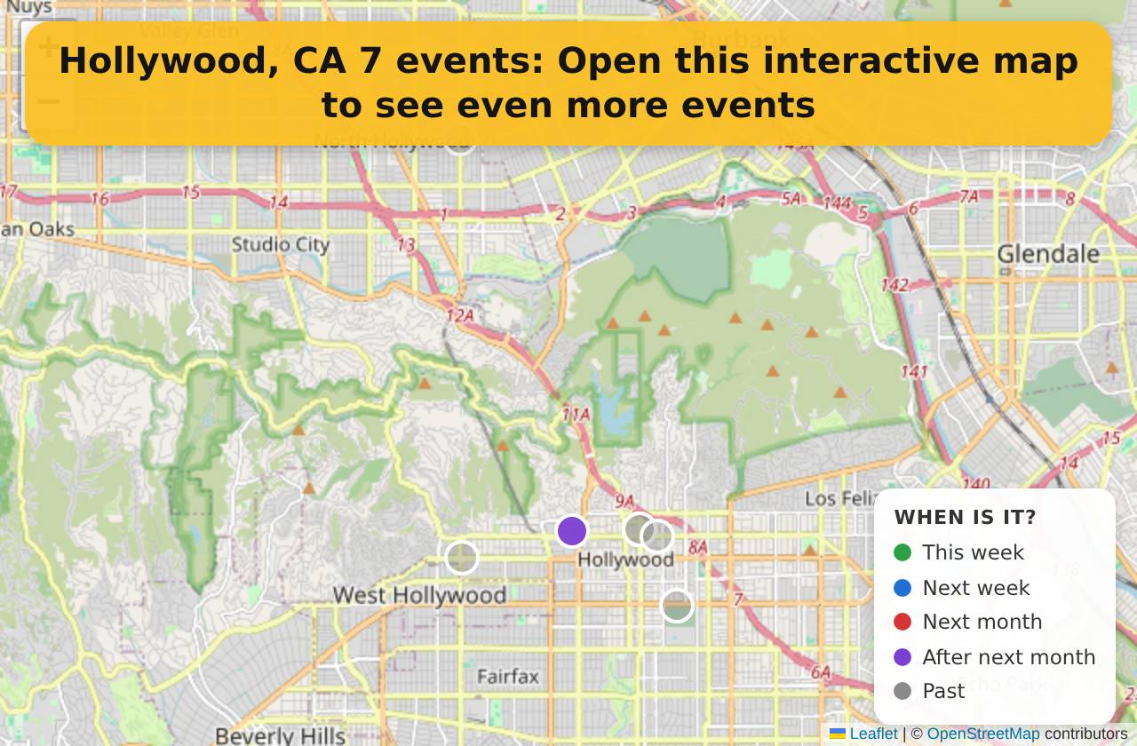Map of events in Hollywood, CA on the interactive EVENTULIST map