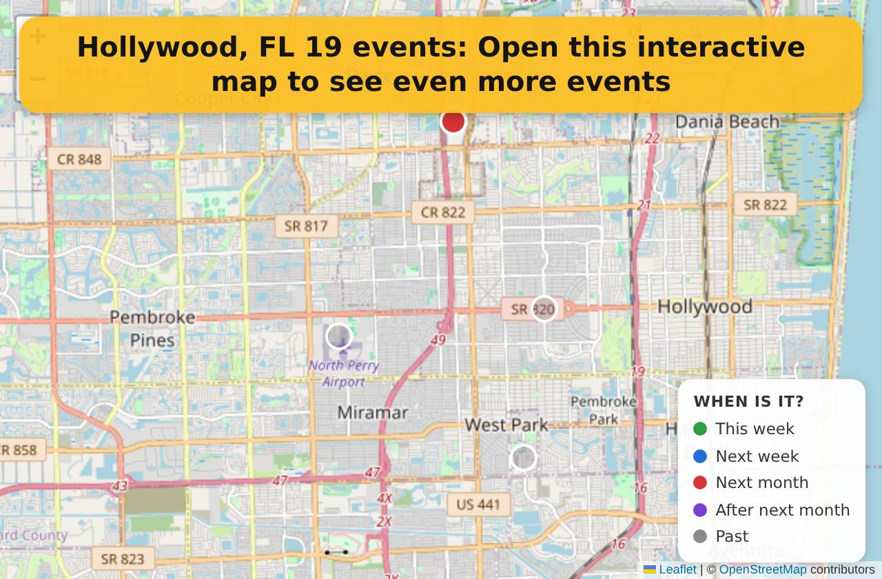 Map of events in Hollywood, FL on the interactive EVENTULIST map