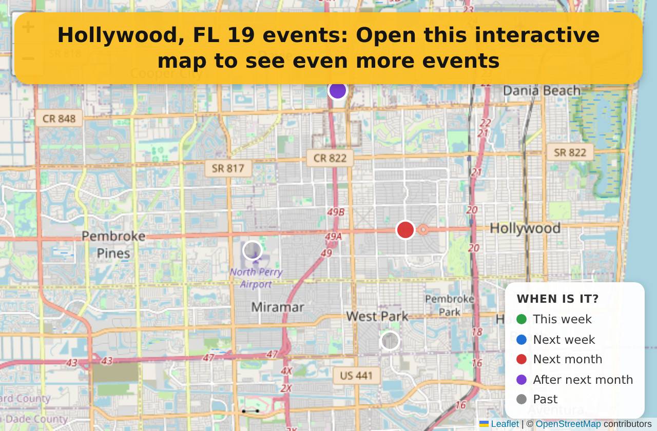 Map of events in Hollywood, FL on the interactive EVENTULIST map