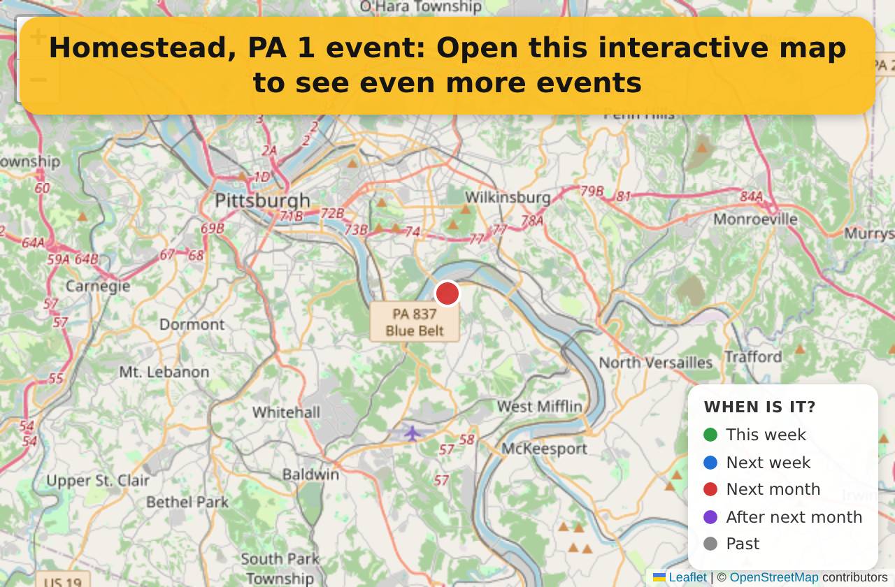 Map of events in Homestead, PA on the interactive EVENTULIST map