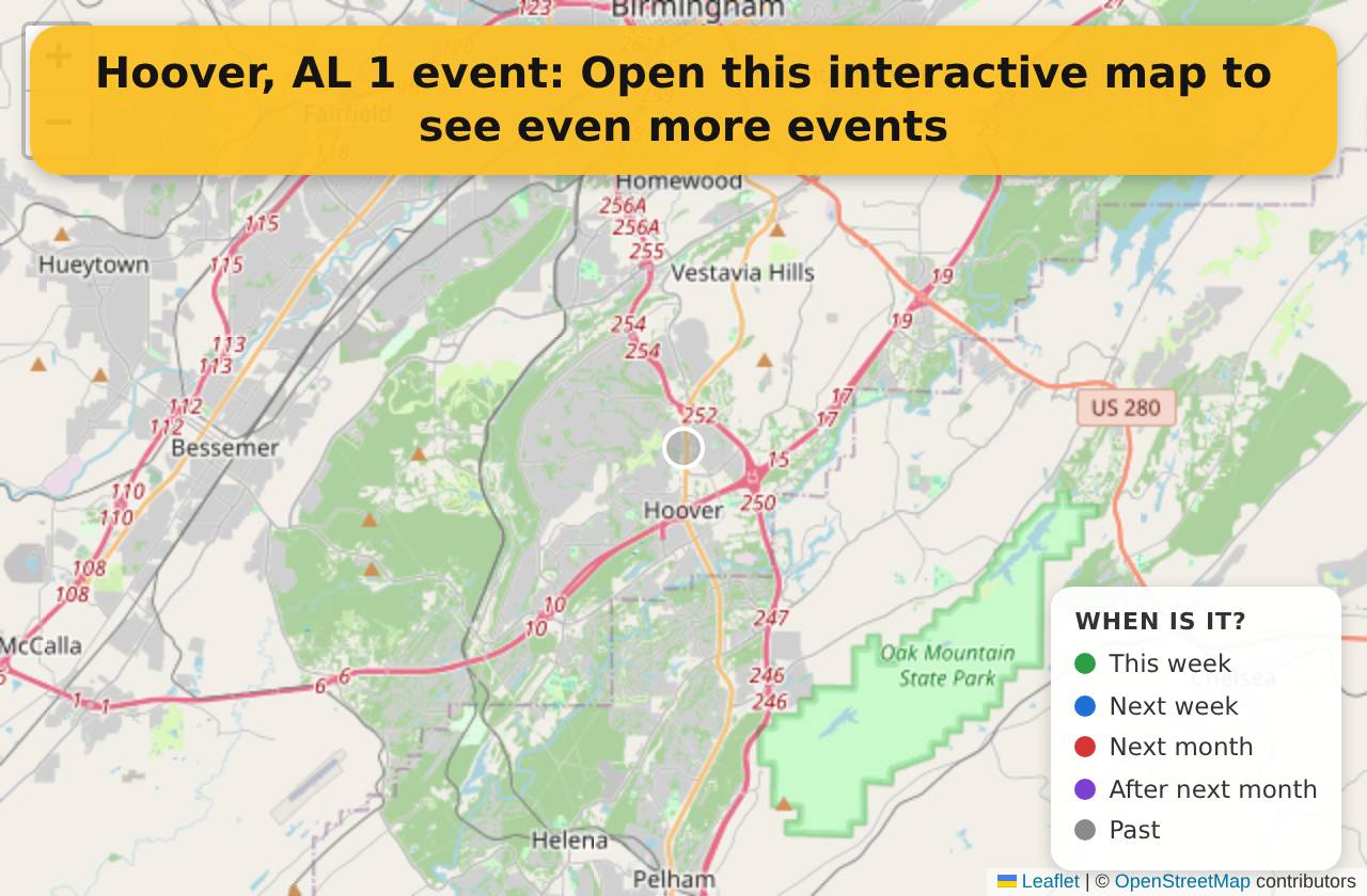 Map of events in Hoover, AL on the interactive EVENTULIST map