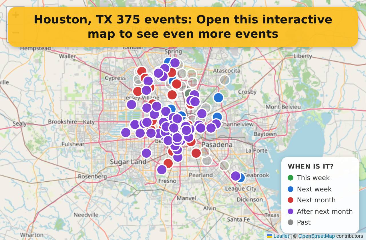 Map of events in Houston, TX on the interactive EVENTULIST map