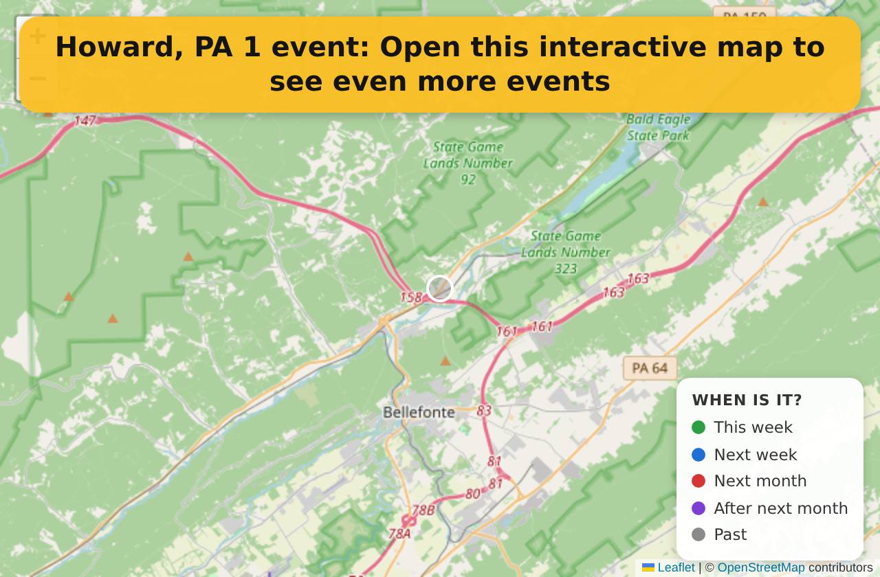 Map of events in Howard, PA on the interactive EVENTULIST map