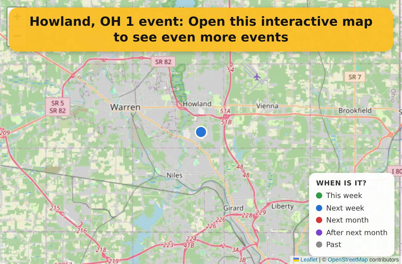 Map of events in Howland, OH on the interactive EVENTULIST map