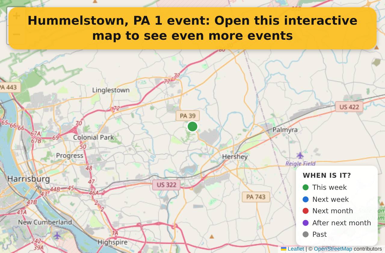 Map of events in Hummelstown, PA on the interactive EVENTULIST map