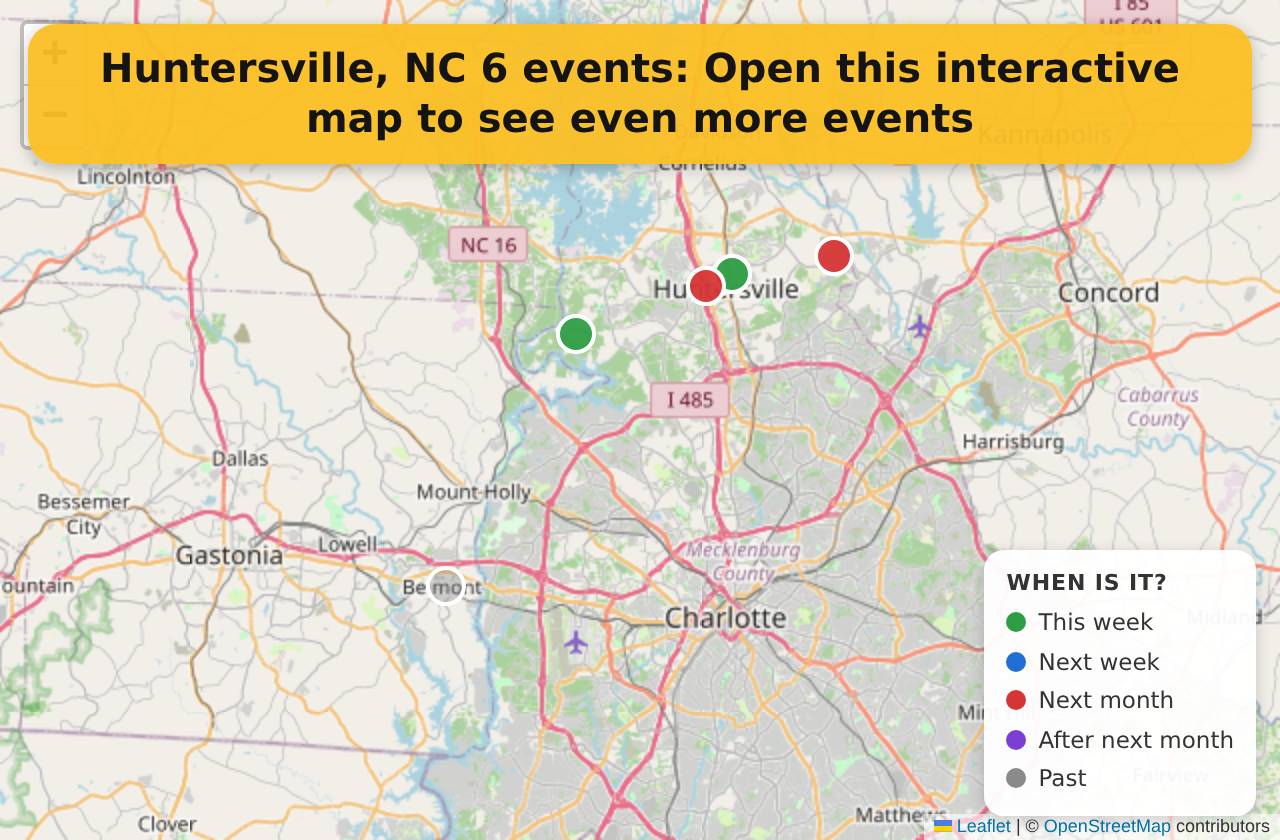 Map of events in Huntersville, NC on the interactive EVENTULIST map
