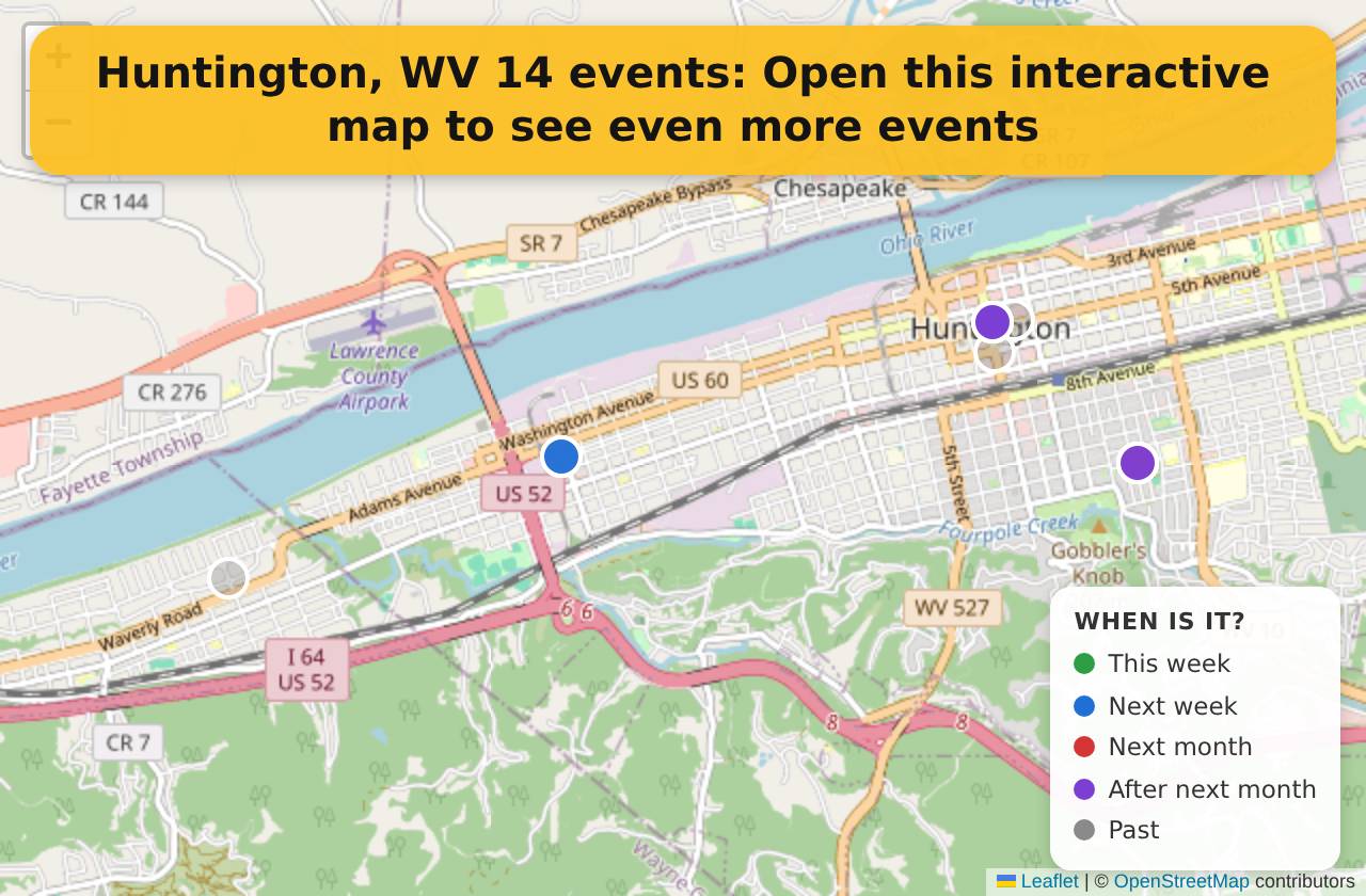 Map of events in Huntington, WV on the interactive EVENTULIST map