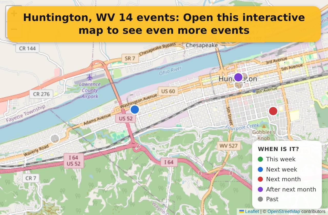 Map of events in Huntington, WV on the interactive EVENTULIST map