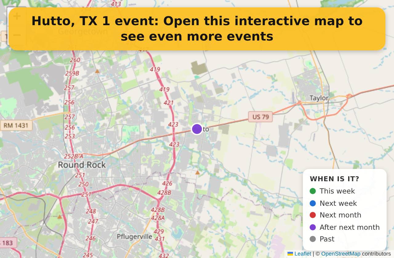 Map of events in Hutto, TX on the interactive EVENTULIST map