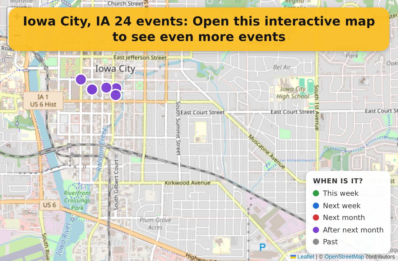 Map of events in Iowa City, IA on the interactive EVENTULIST map