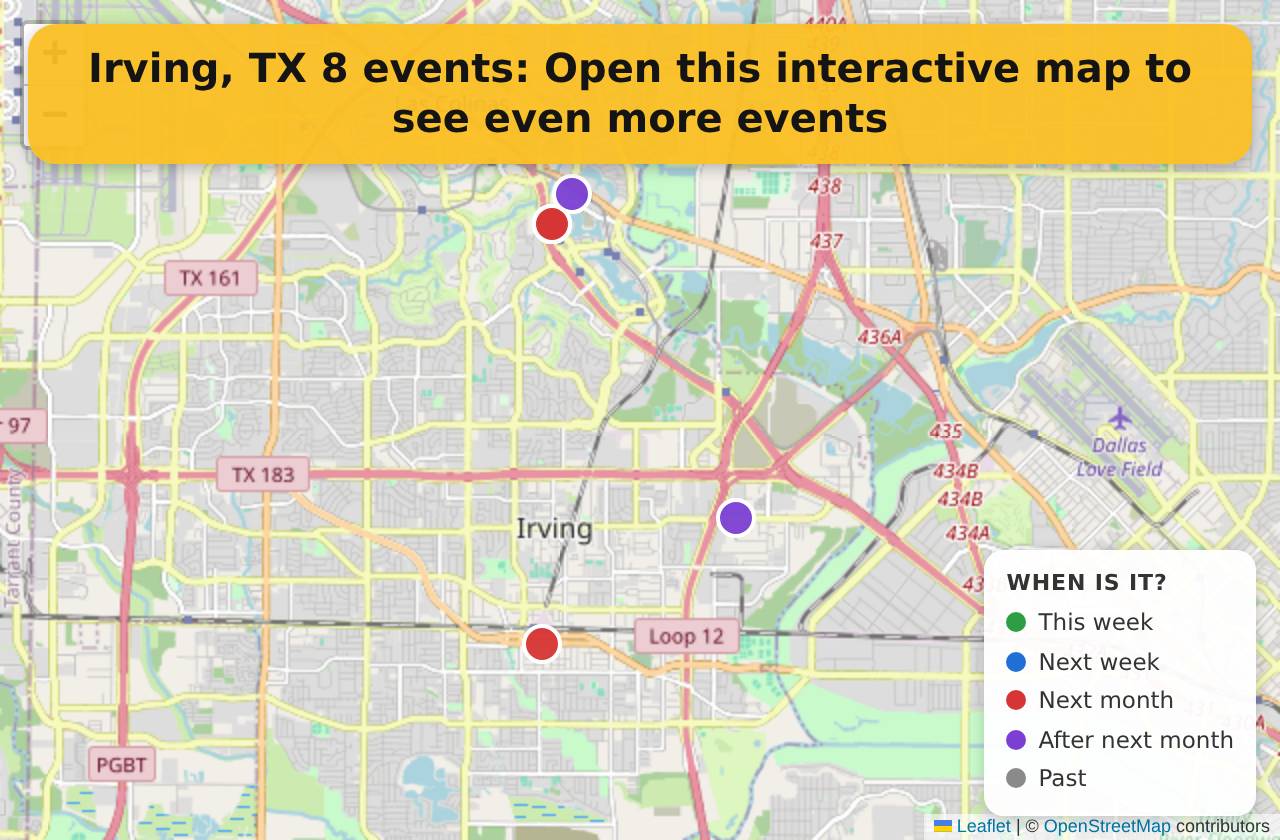 Map of events in Irving, TX on the interactive EVENTULIST map