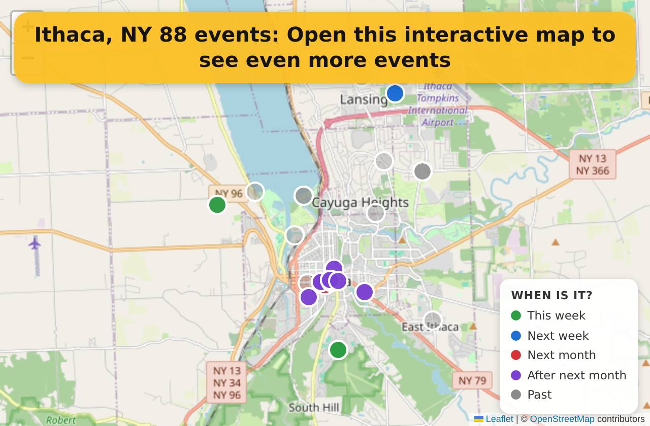 Map of events in Ithaca, NY on the interactive EVENTULIST map