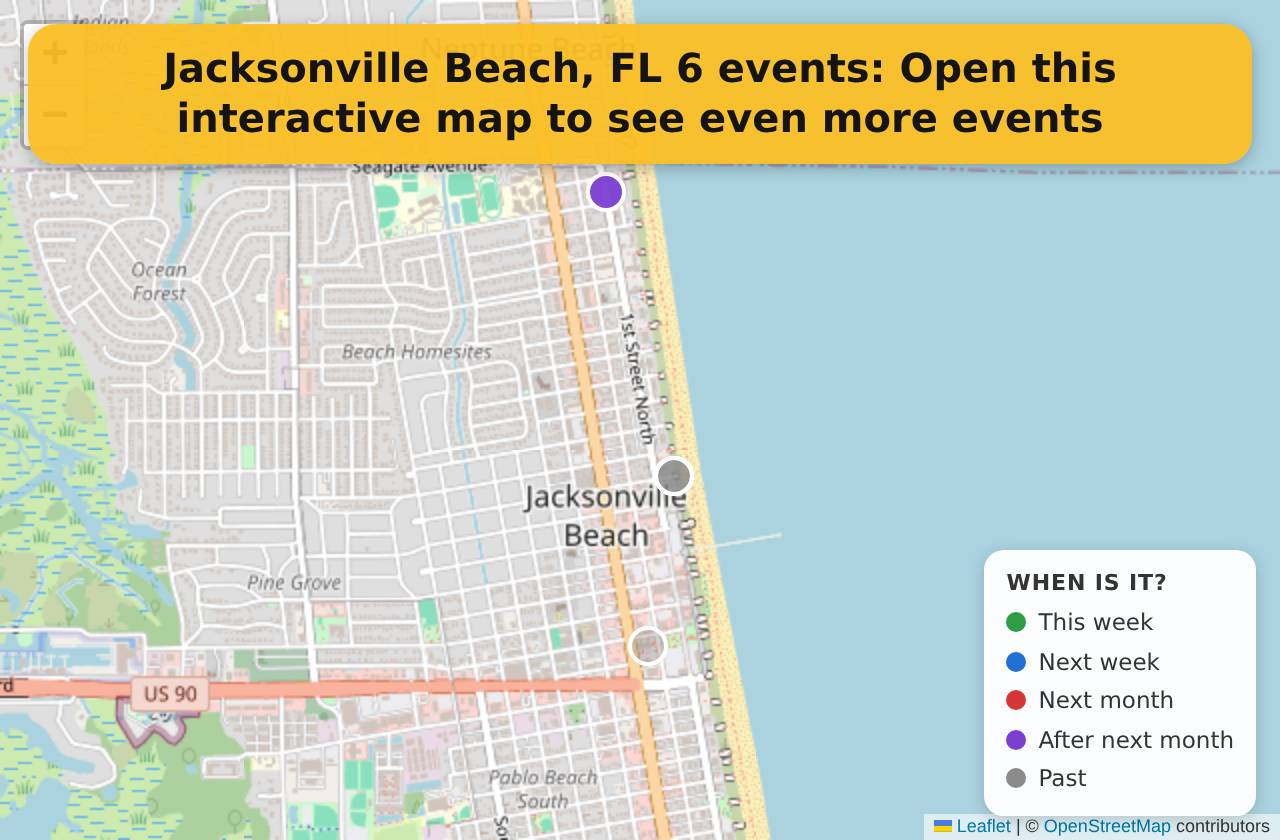 Map of events in Jacksonville Beach, FL on the interactive EVENTULIST map
