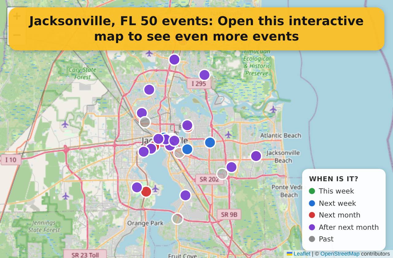 Map of events in Jacksonville, FL on the interactive EVENTULIST map