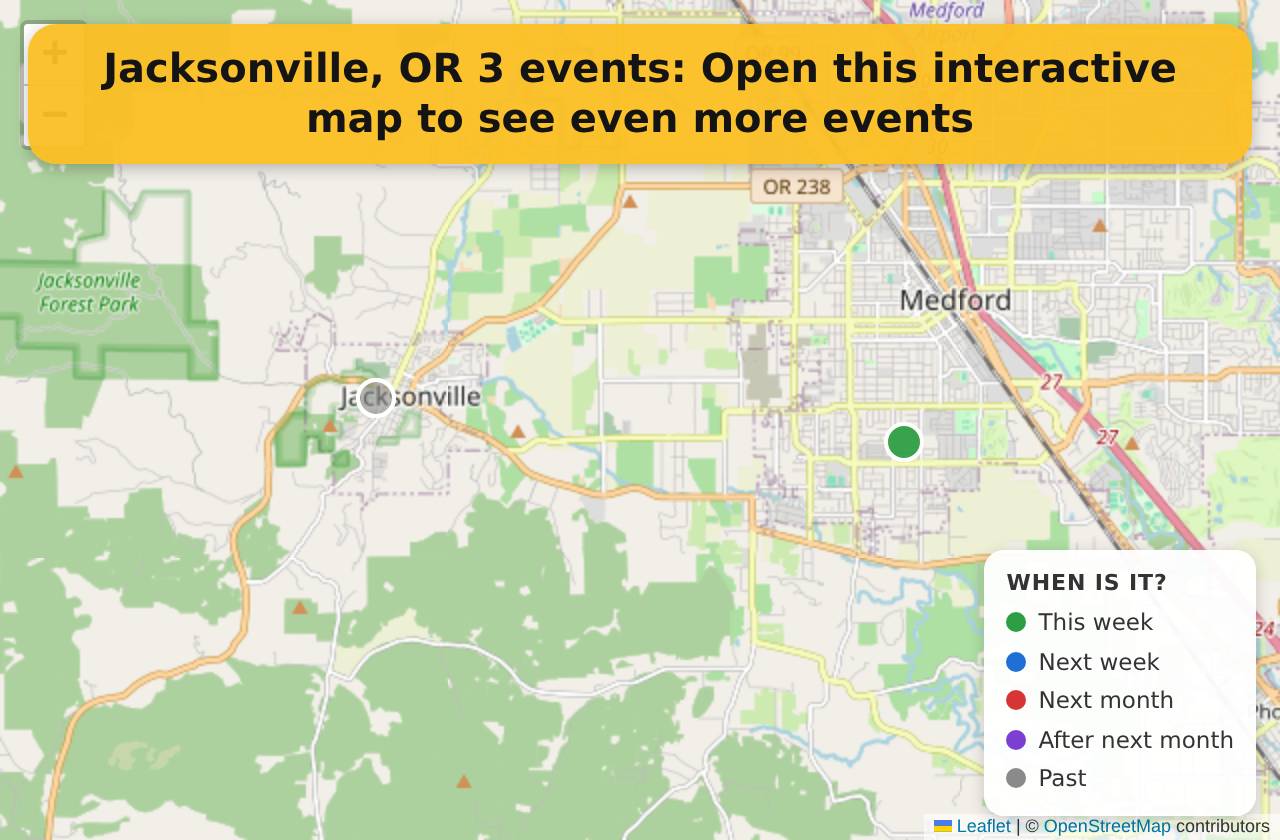 Map of events in Jacksonville, OR on the interactive EVENTULIST map