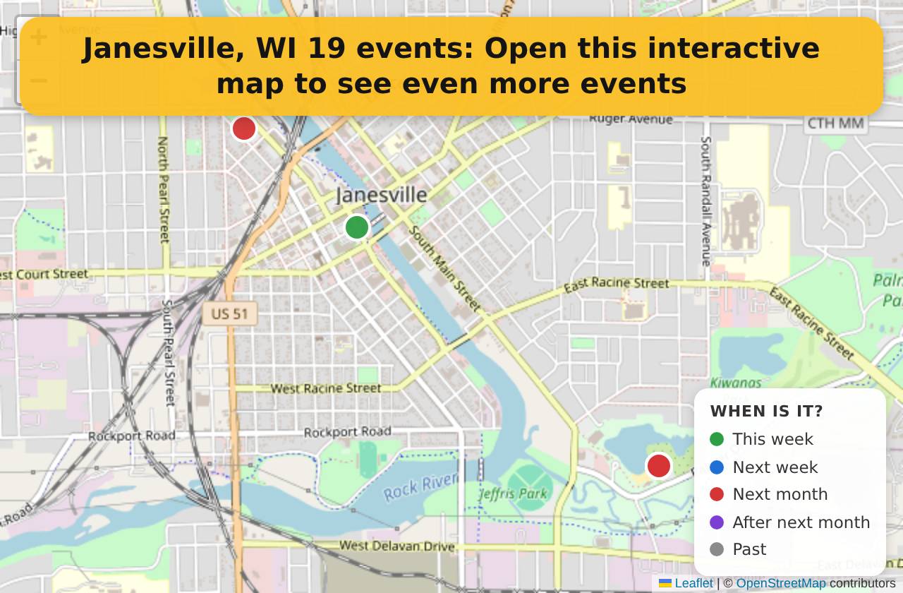 Map of events in Janesville, WI on the interactive EVENTULIST map